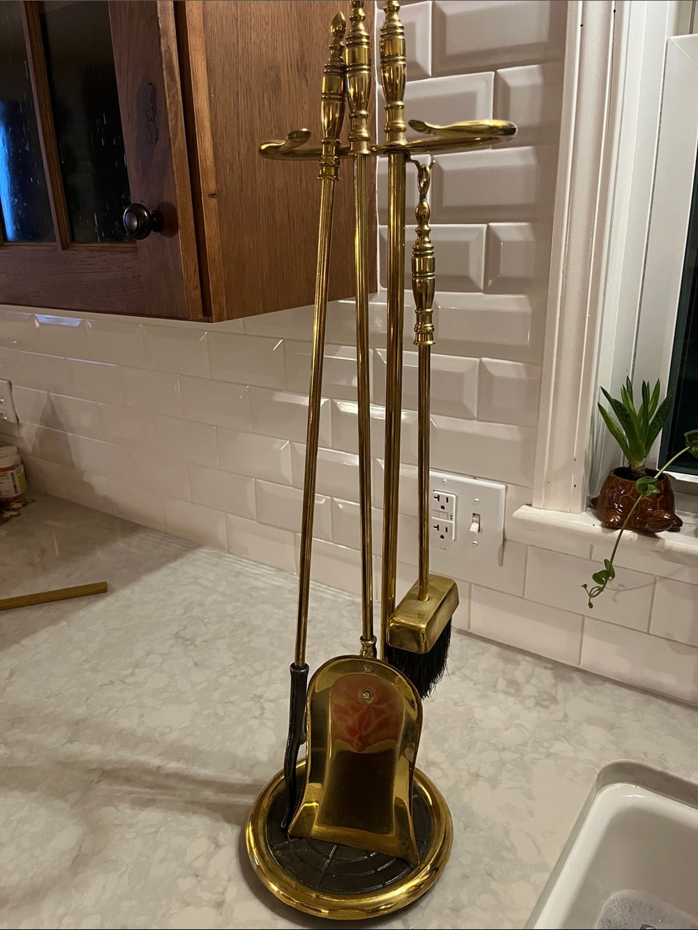 Vintage Brass Fireplace Tool Set  and stand  fireproof tile base